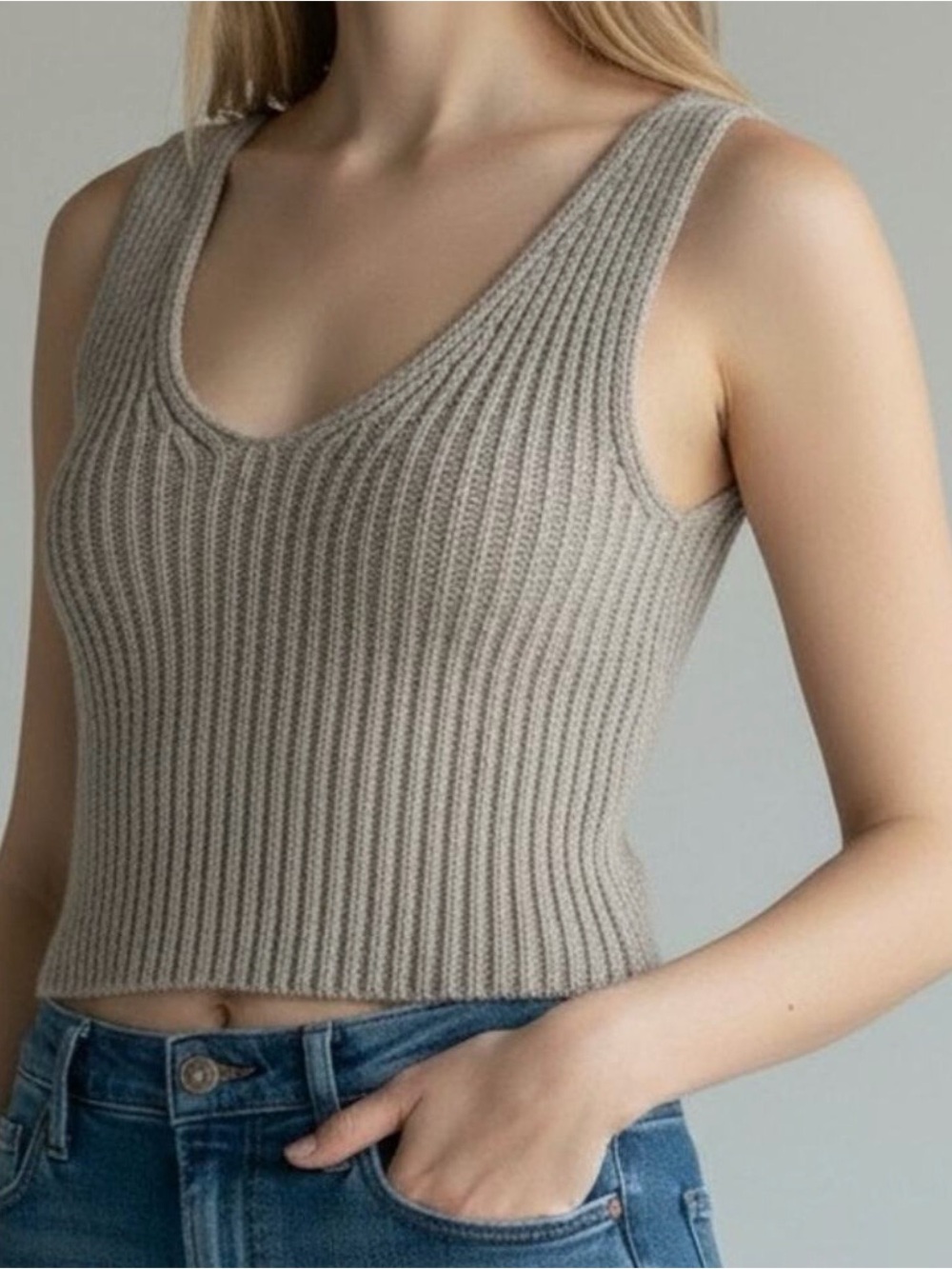 NWT The Drop Sylvie Ribbed Knit Cropped Sweater Tank Top Heather Mushroom XL